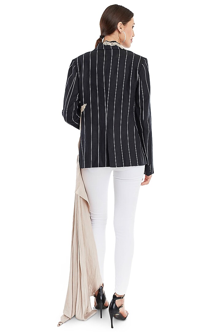Black Pinstriped Blazer With Drape by Rocky Star at Pernia's Pop Up Shop
