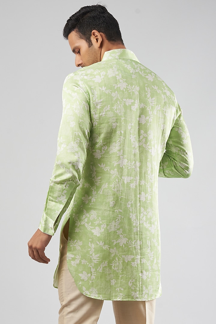 Light Green Linen Silk Leaf Digital Printed Kurta by Rohit Kamra Jaipur at Pernia's Pop Up Shop