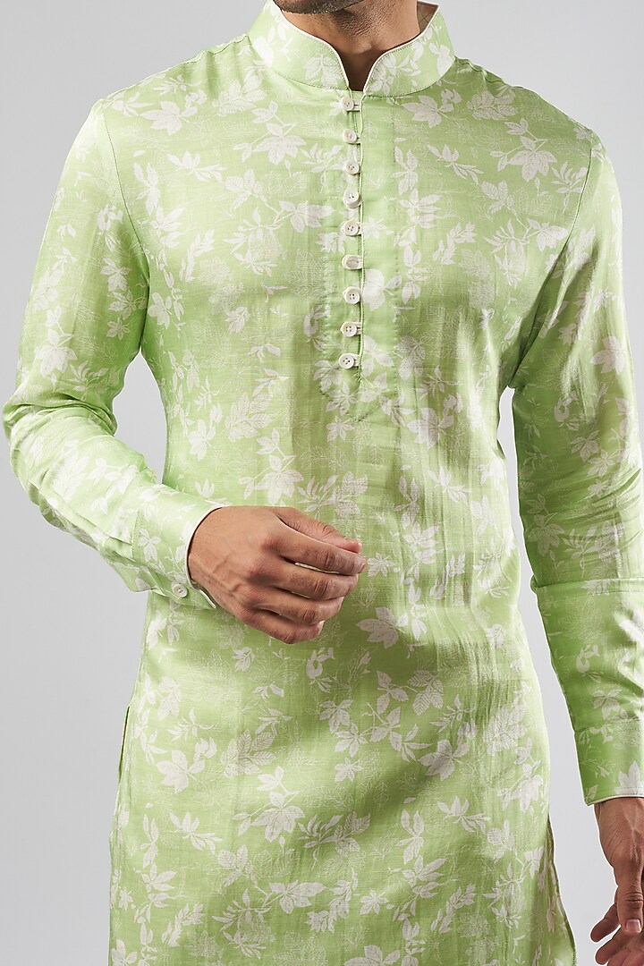 Light Green Linen Silk Leaf Digital Printed Kurta by Rohit Kamra Jaipur at Pernia's Pop Up Shop