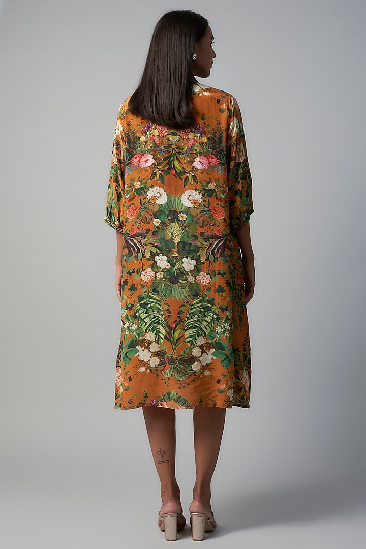 Rust Polyester Crepe Botanical Printed Tunic by Rocky Star at Pernia's Pop Up Shop
