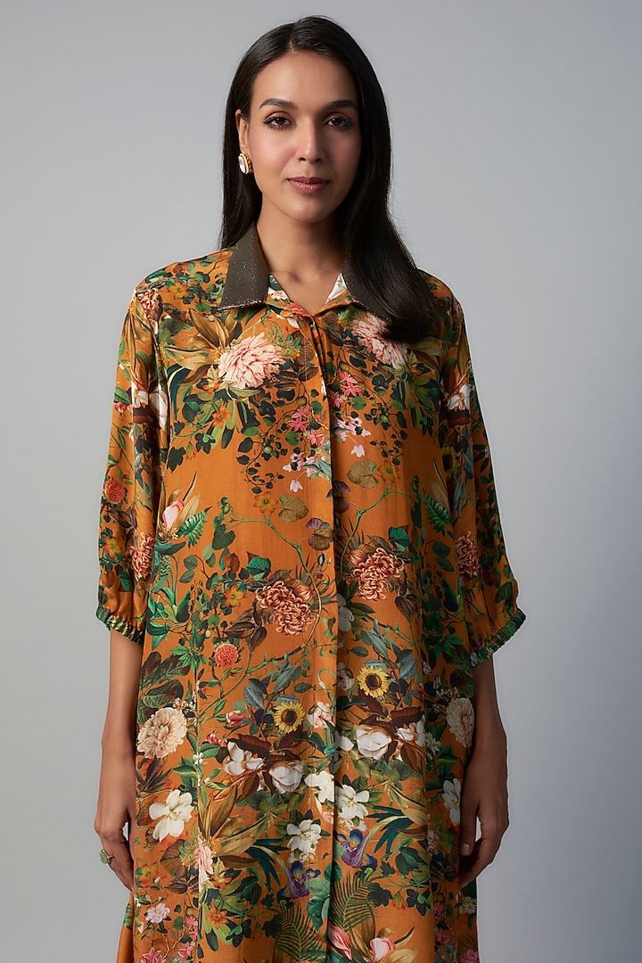 Rust Polyester Crepe Botanical Printed Tunic by Rocky Star at Pernia's Pop Up Shop