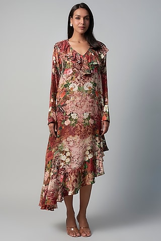 Peach Polyester Crepe Botanical Printed Ruffled Dress by Rocky Star