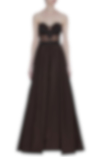 Coffee Hand Embroidered Pleated Gown by Rocky Star