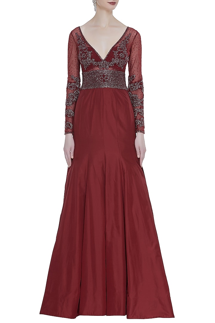 Red Hand Embroidered Mermaid Style Gown by Rocky Star