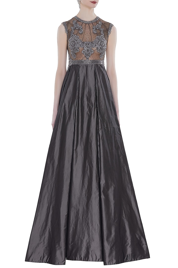 Grey Hand Embroidered Sleeveless Gown by Rocky Star