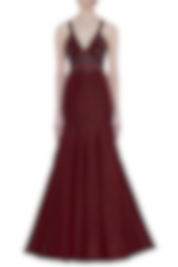 Maroon Hand Embroidered Mermaid Style Gown by Rocky Star