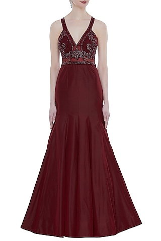 Maroon Hand Embroidered Mermaid Style Gown by Rocky Star