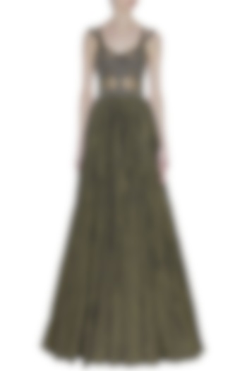 Olive Green Hand Embroidered Sleeveless Gown by Rocky Star