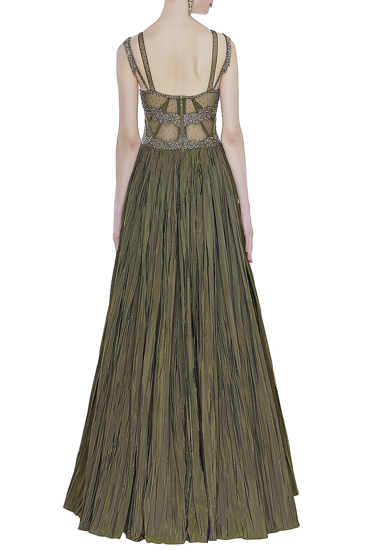 Olive Green Hand Embroidered Sleeveless Wedding Gown by Rocky Star at Pernia's Pop Up Shop