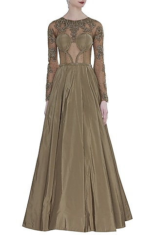 Grey Hand Embroidered Gown With Long Trail by Rocky Star