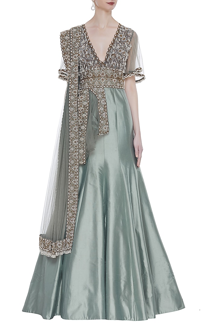 Grey Hand Embroidered Indo-Western Gown With Attached Dupatta by Rocky Star