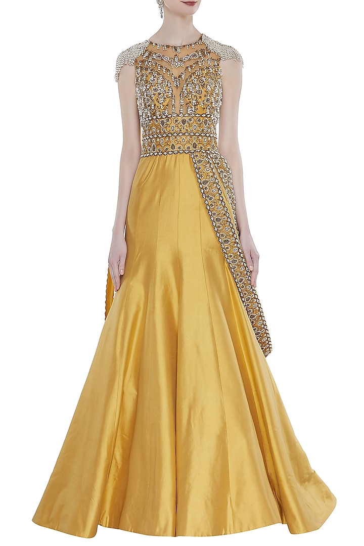 Yellow Hand Embroidered Mermaid Gown With Attached Dupatta by Rocky Star
