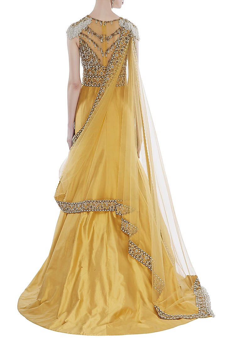 Yellow Hand Embroidered Mermaid Bridal Gown With Attached Dupatta by Rocky Star at Pernia's Pop Up Shop
