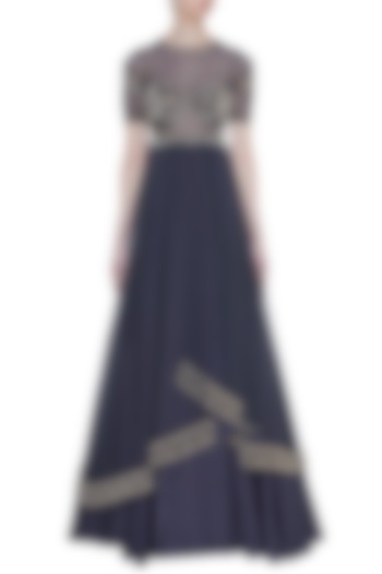 Dark Grey Hand Embroidered Layered Pleated Gown by Rocky Star