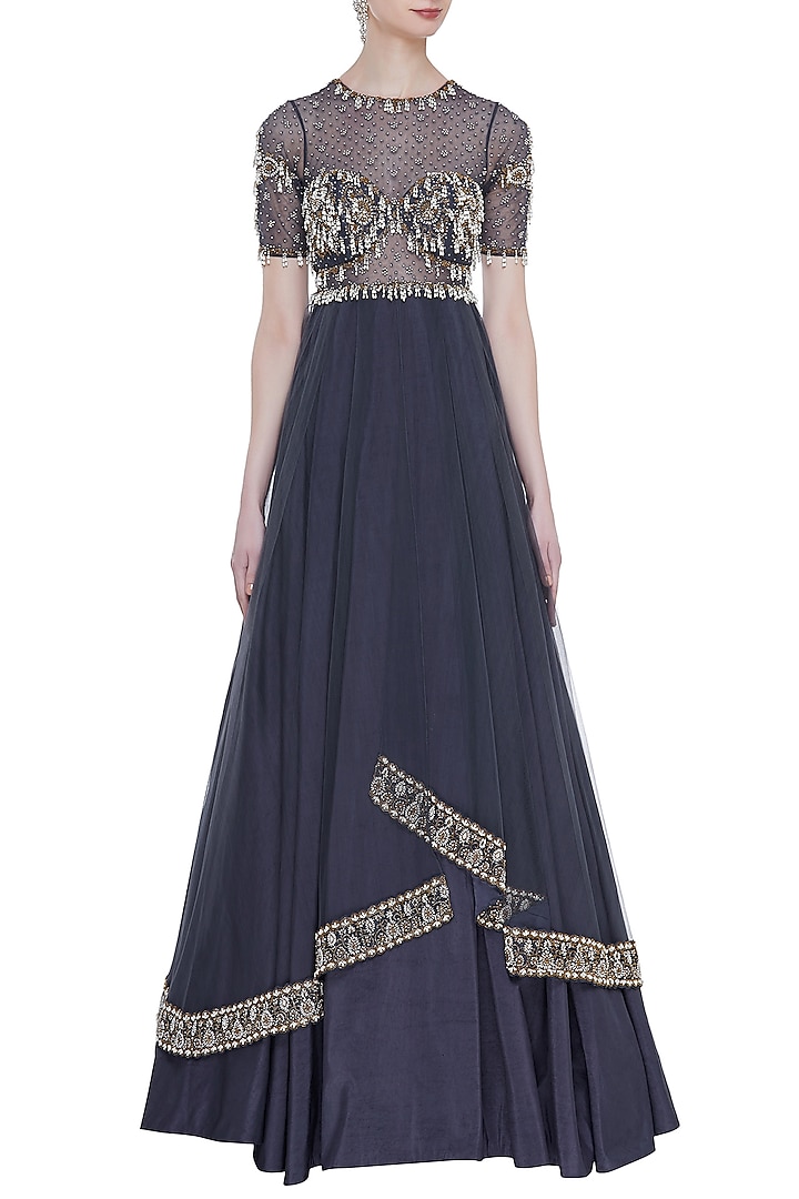 Dark Grey Hand Embroidered Layered Pleated Gown by Rocky Star