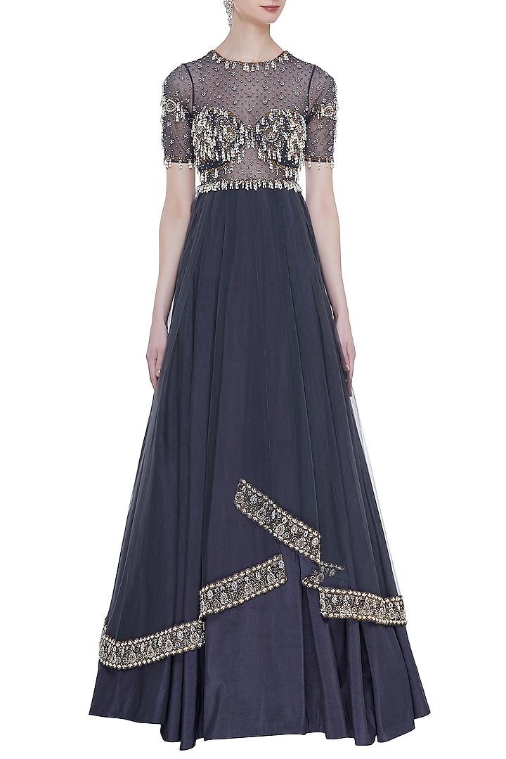 Dark Grey Hand Embroidered Layered Pleated Bridal Gown by Rocky Star at Pernia's Pop Up Shop