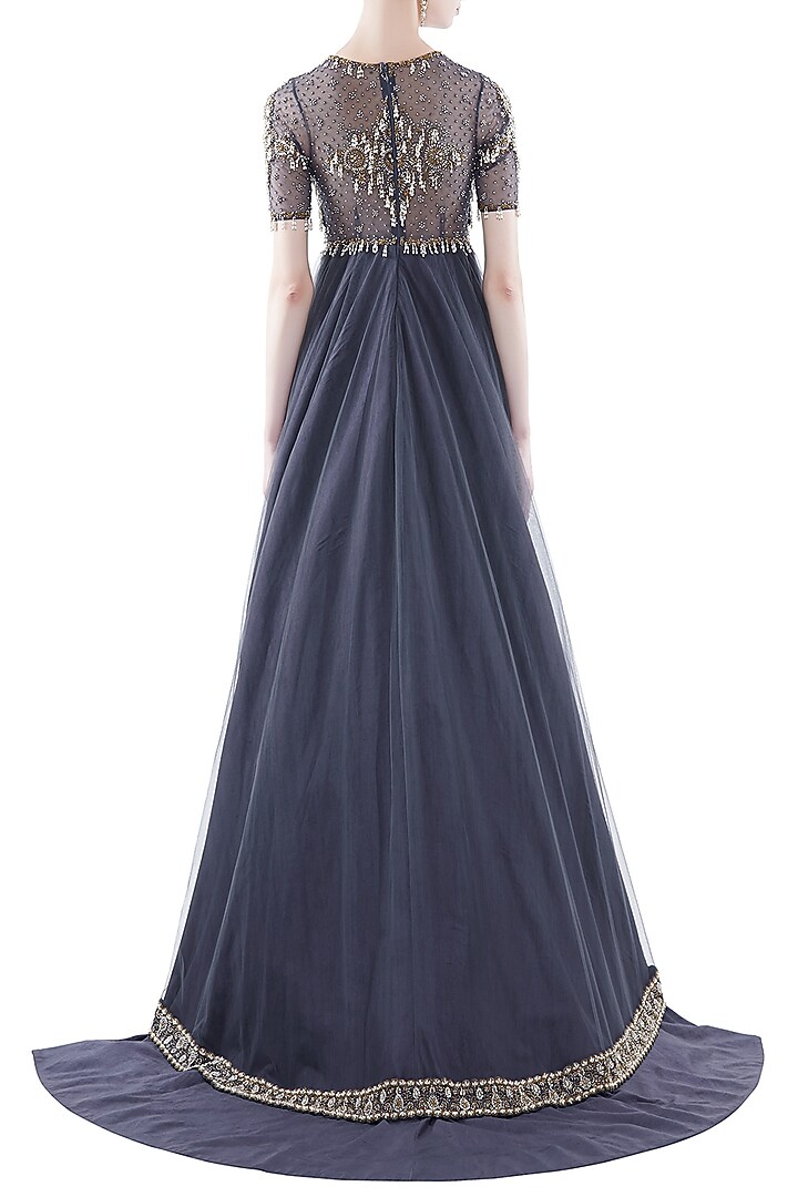 Dark Grey Hand Embroidered Layered Pleated Bridal Gown by Rocky Star at Pernia's Pop Up Shop