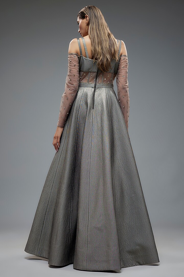 Grey Poly Lurex & Net Patchwork Wedding Gown by Rocky Star at Pernia's Pop Up Shop