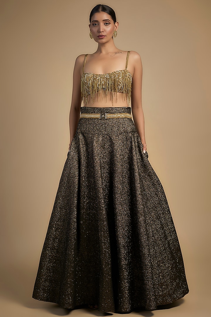 Gold Skin Net & Poly Lurex Embroidered Wedding Lehenga Set by Rocky Star at Pernia's Pop Up Shop