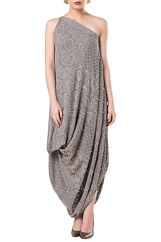 Grey Asymmetrical One Shoulder Draped Dress by Rocky Star