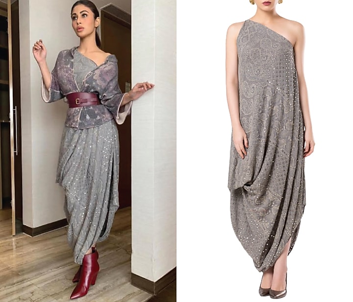 Grey asymmetrical one shoulder draped dress available only at Pernia's Pop Up Shop.