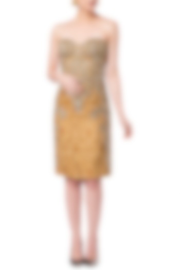 Golden Strapless Embroidered Sheath Dress by Rocky Star