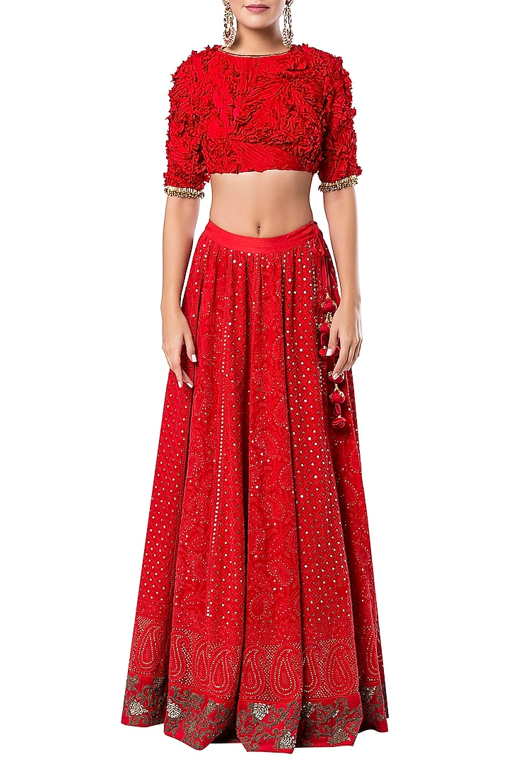 Red Lucknowi Embroidered Lehenga Set by Rocky Star