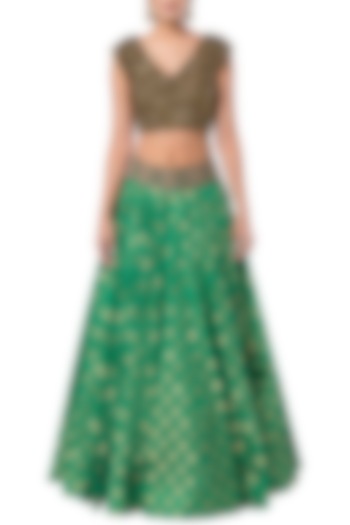 Green Floral Embroidered Lehenga Set by Rocky Star
