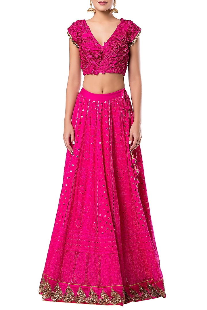 Hot Pink Lucknowi Embroidered Lehenga Set by Rocky Star
