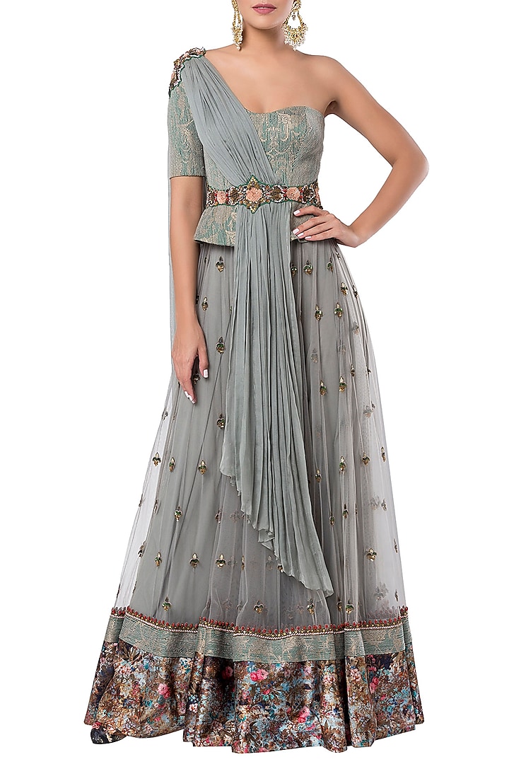 Grey Embroidered Lehenga Set with A Center Waist Belt by Rocky Star