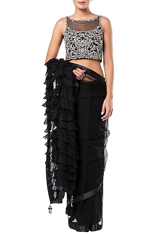 Black Embroidered and Frills Saree Set by Rocky Star