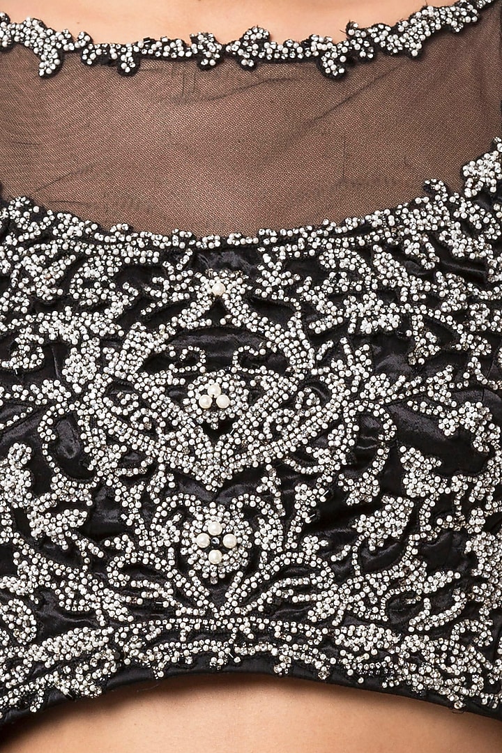 Black embroidered and frills saree set available only at Pernia's Pop Up Shop.
