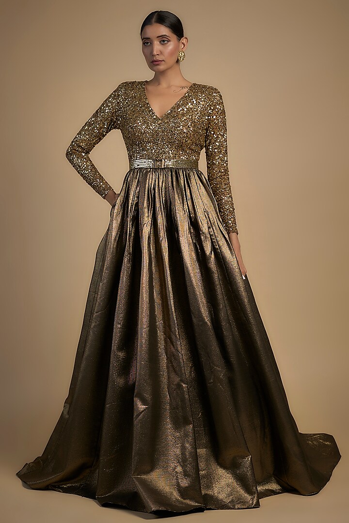 Gold Skin Net & Poly Lurex Sequins Embroidered Gown by Rocky Star