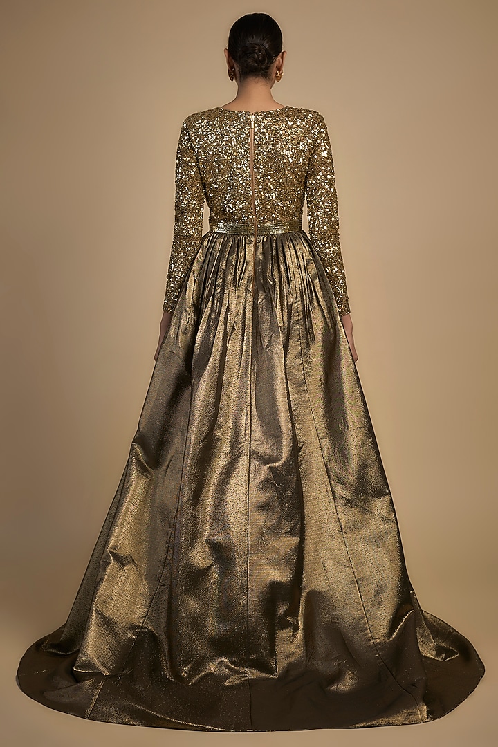 Gold Skin Net & Poly Lurex Sequins Embroidered Wedding Gown by Rocky Star at Pernia's Pop Up Shop
