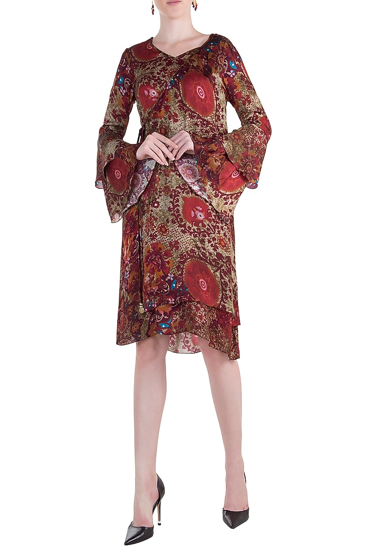 Red printed flared sleeves kaftan dress available only at Pernia's Pop Up Shop.