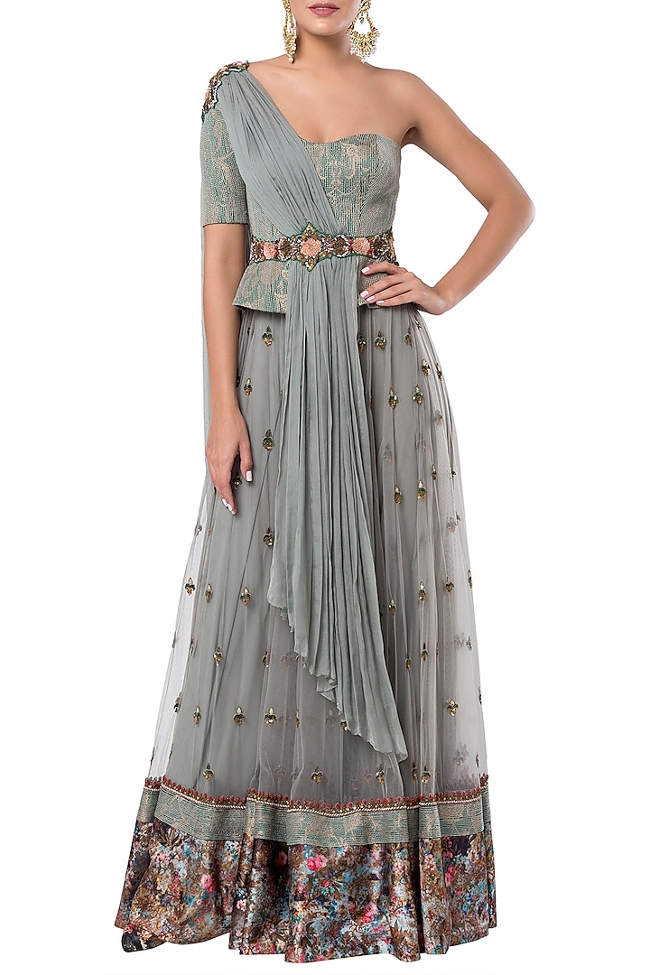 Grey embroidered lehenga set with belt by Rocky Star