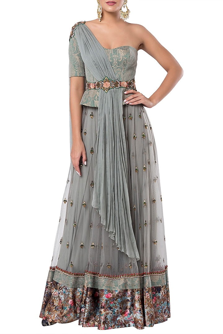 Grey embroidered lehenga set with belt available only at Pernia's Pop Up Shop.