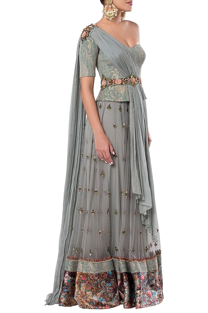 Grey embroidered lehenga set with belt available only at Pernia's Pop Up Shop.