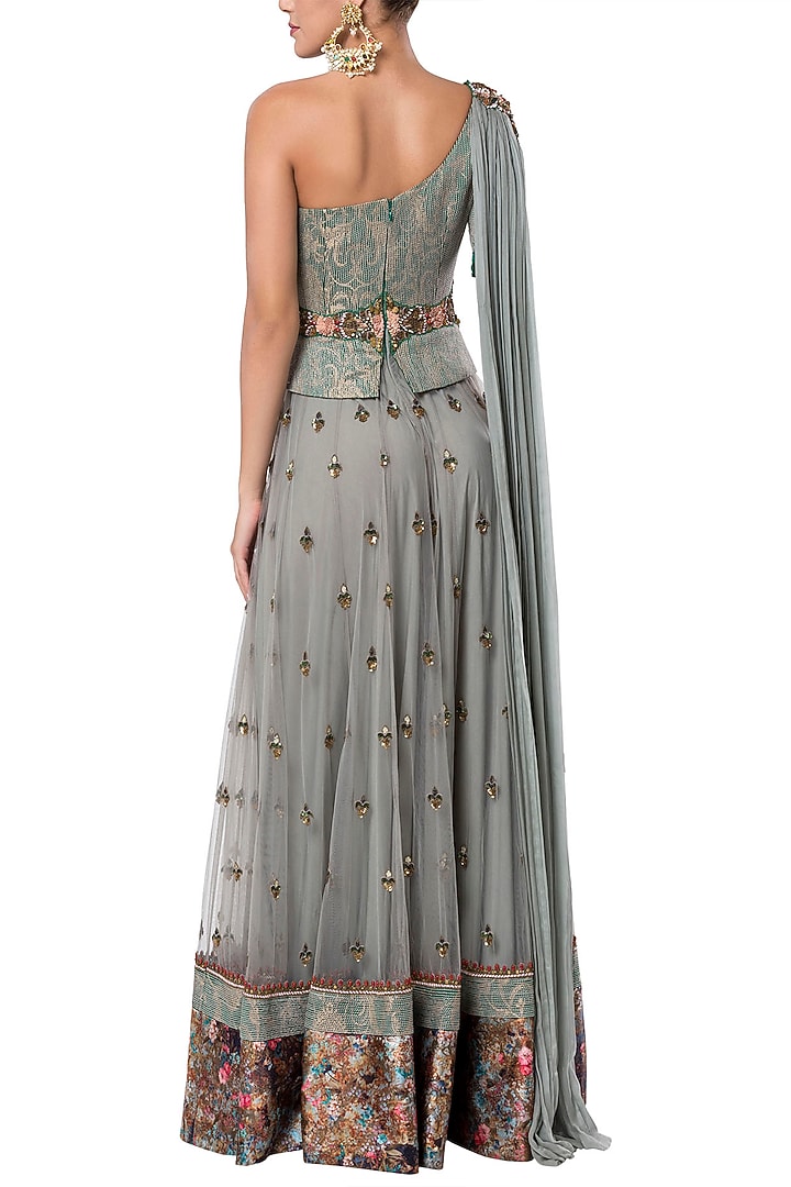 Grey embroidered lehenga set with belt available only at Pernia's Pop Up Shop.