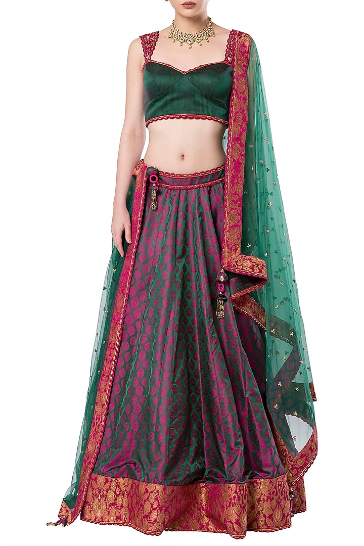 Multi colored embroidered lehenga set by Rocky Star