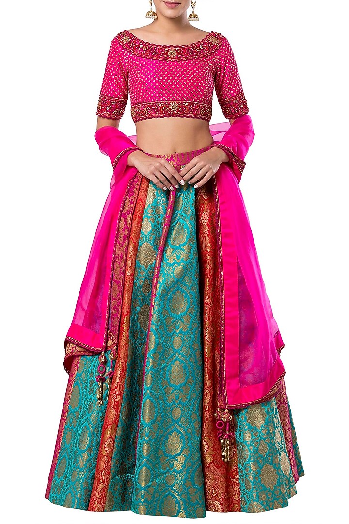 Multi colored hand embroidered lehenga set by Rocky Star