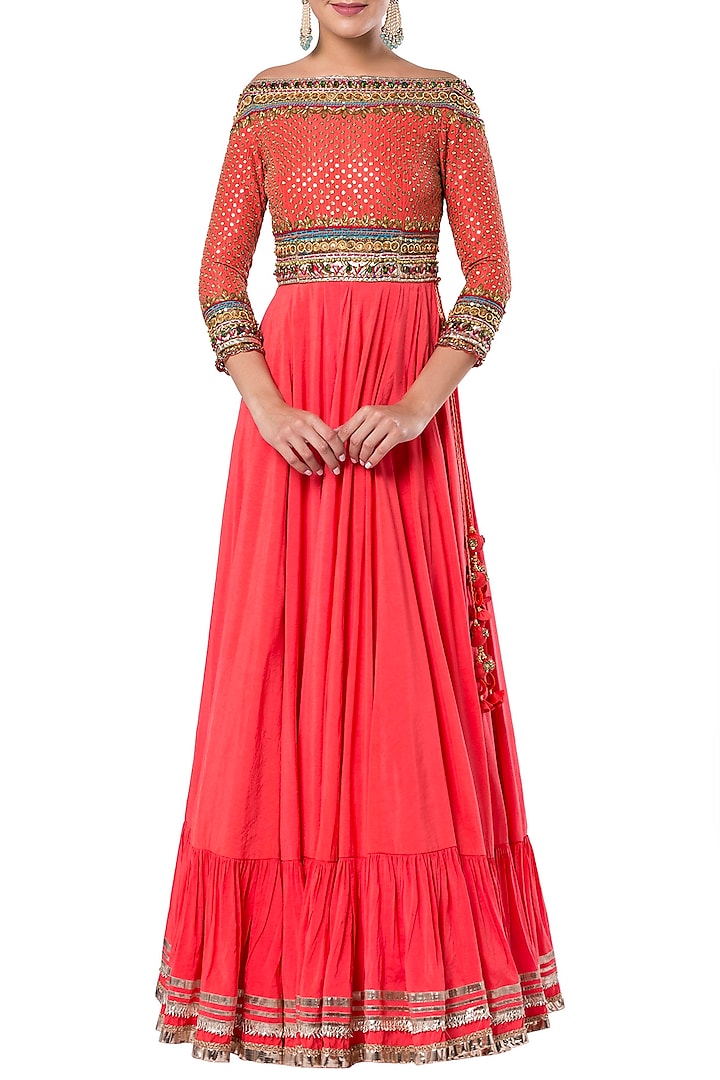 Orange embroidered gown by Rocky Star