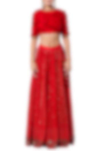 Red embroidered crop top with skirt by Rocky Star