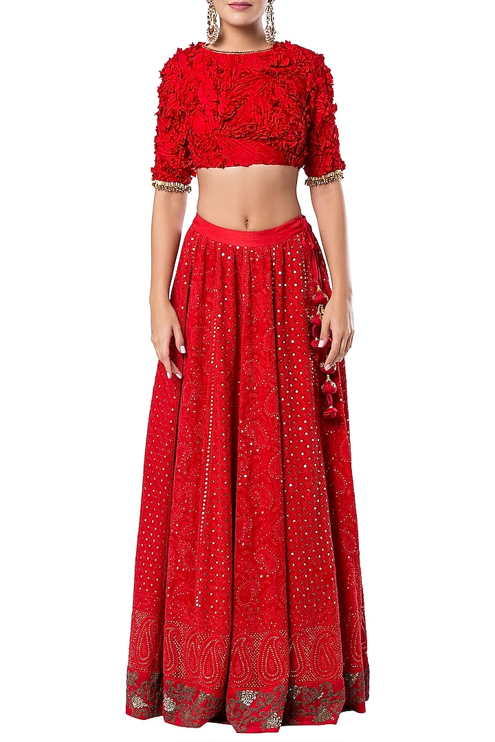 Red embroidered crop top with skirt by Rocky Star
