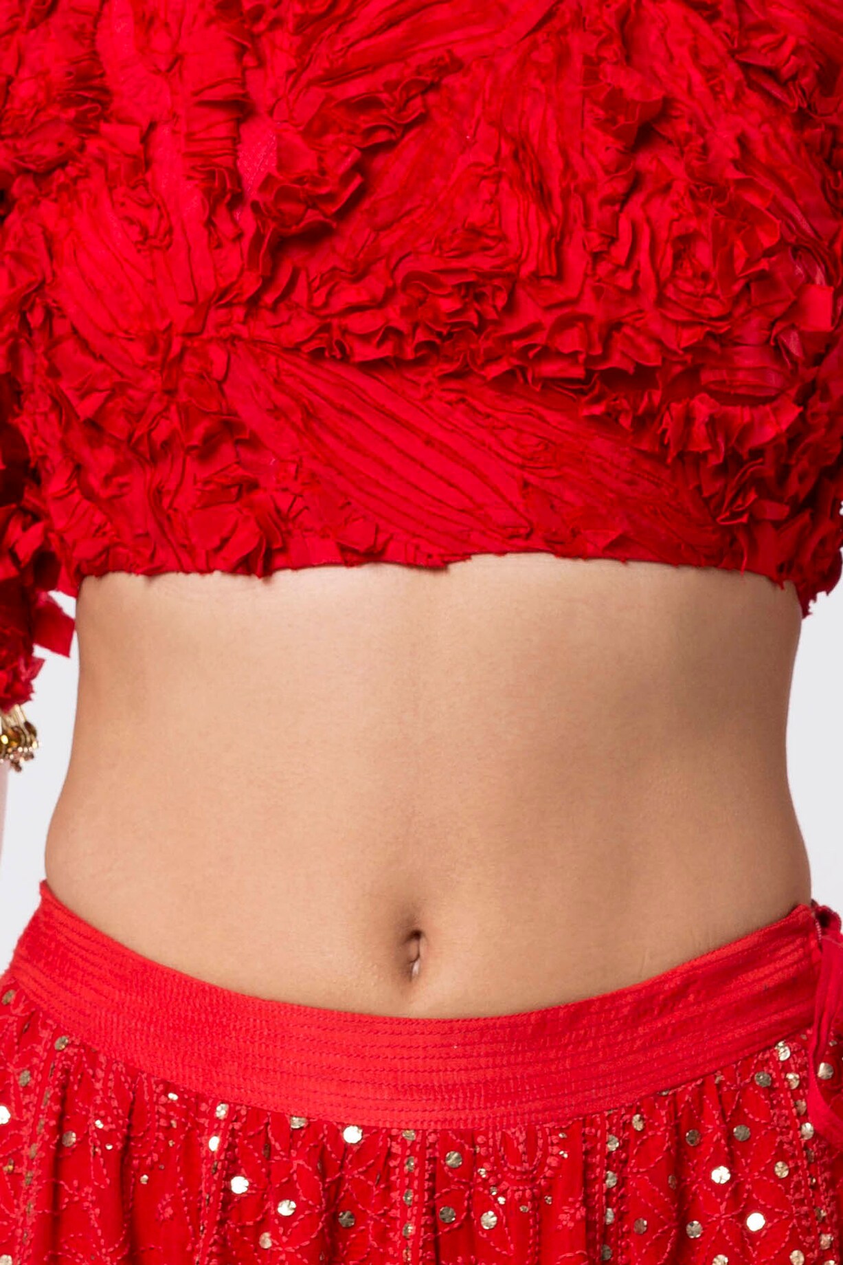 Women Red Embroidered Crop Top With Yellow Flared Skirt