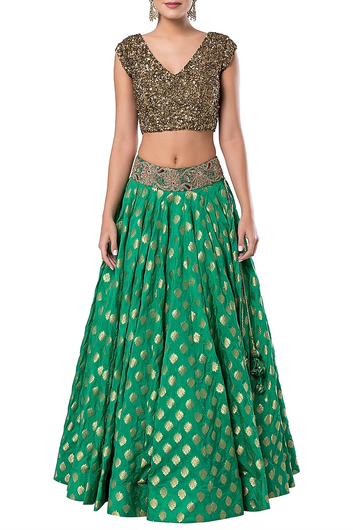 Green embroidered crop top with lehenga skirt by Rocky Star