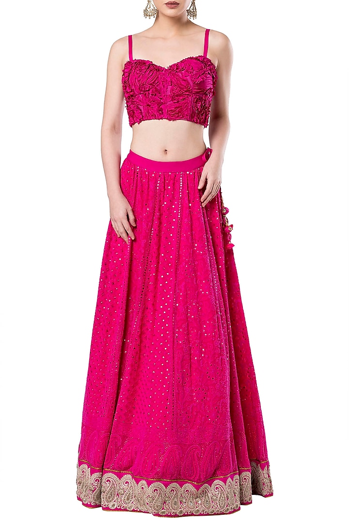 Hot pink embroidered crop top with lehenga skirt by Rocky Star