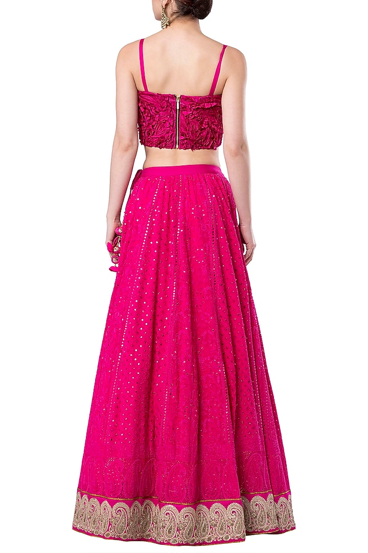 Hot pink embroidered crop top with lehenga skirt available only at Pernia's Pop Up Shop.