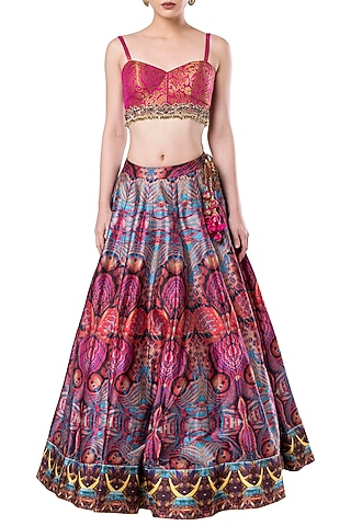 Multicolored embroidered crop top with lehenga skirt by Rocky Star