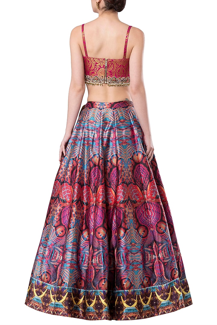 Multicolored embroidered crop top with lehenga skirt available only at Pernia's Pop Up Shop.